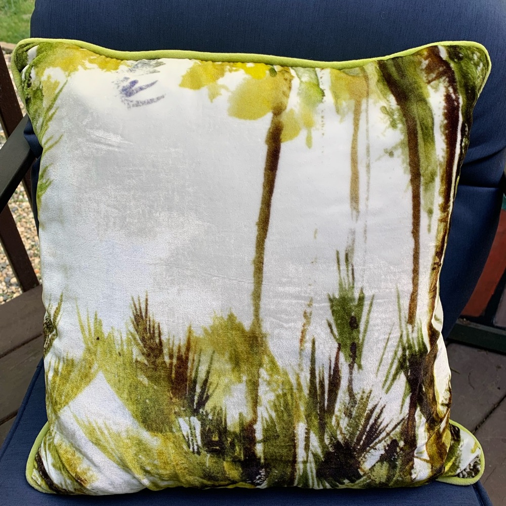 Arhaus Green & White Palm Tree Print Silk Blend Velour Pillow  18x18